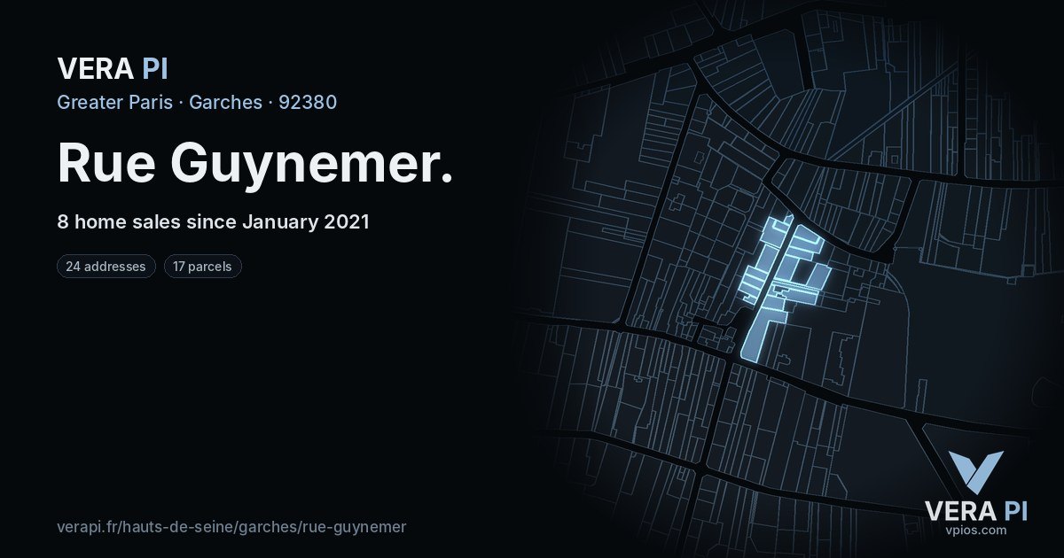 Rue Guynemer, Garches at night – every parcel coloured by the prices around it, the street's own parcels lit