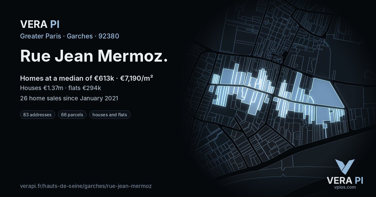 Rue Jean Mermoz, Garches at night – every parcel coloured by the prices around it, the street's own parcels lit