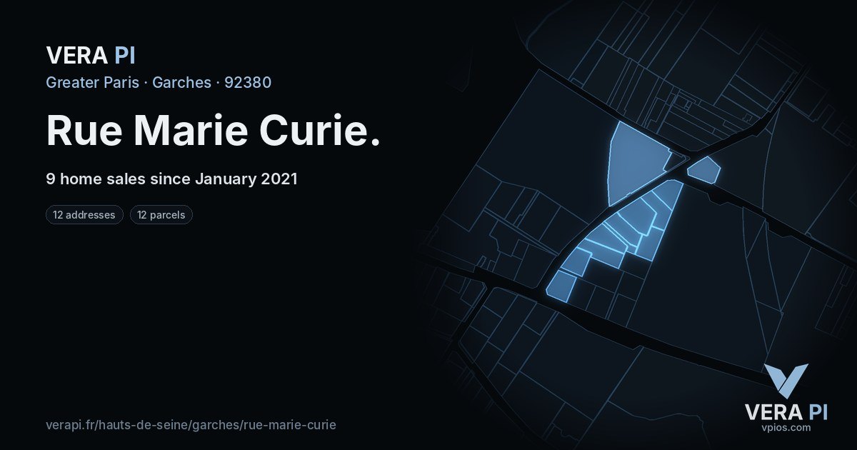Rue Marie Curie, Garches at night – every parcel coloured by the prices around it, the street's own parcels lit