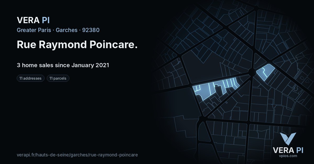 Rue Raymond Poincare, Garches at night – every parcel coloured by the prices around it, the street's own parcels lit