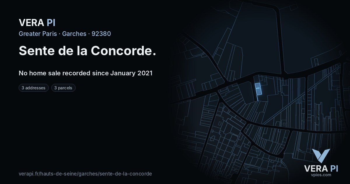 Sente de la Concorde, Garches at night – every parcel coloured by the prices around it, the street's own parcels lit