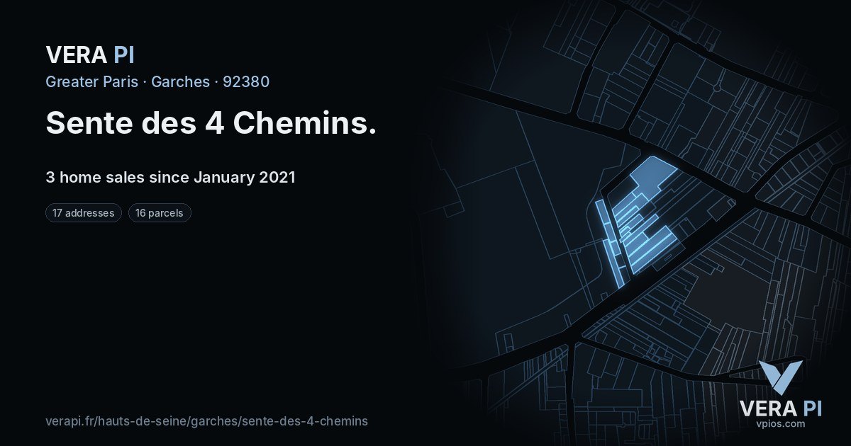 Sente des 4 Chemins, Garches at night – every parcel coloured by the prices around it, the street's own parcels lit
