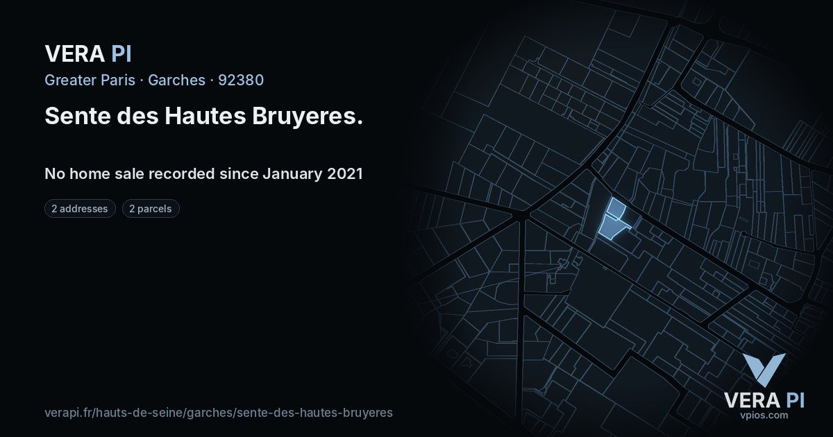 Sente des Hautes Bruyeres, Garches at night – every parcel coloured by the prices around it, the street's own parcels lit