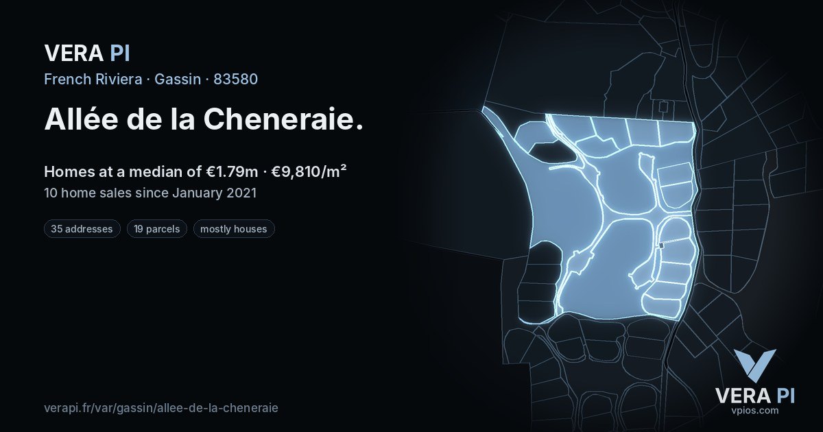Allée de la Cheneraie, Gassin at night – every parcel coloured by the prices around it, the street's own parcels lit