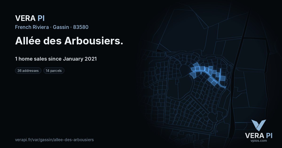 Allée des Arbousiers, Gassin at night – every parcel coloured by the prices around it, the street's own parcels lit