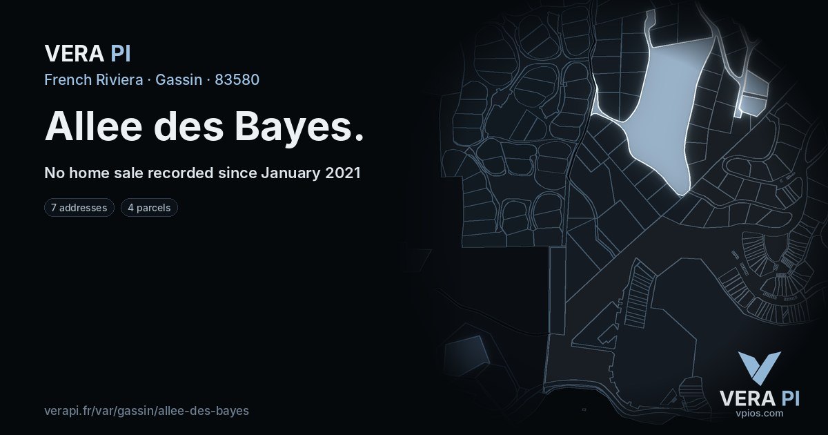 Allee des Bayes, Gassin at night – every parcel coloured by the prices around it, the street's own parcels lit