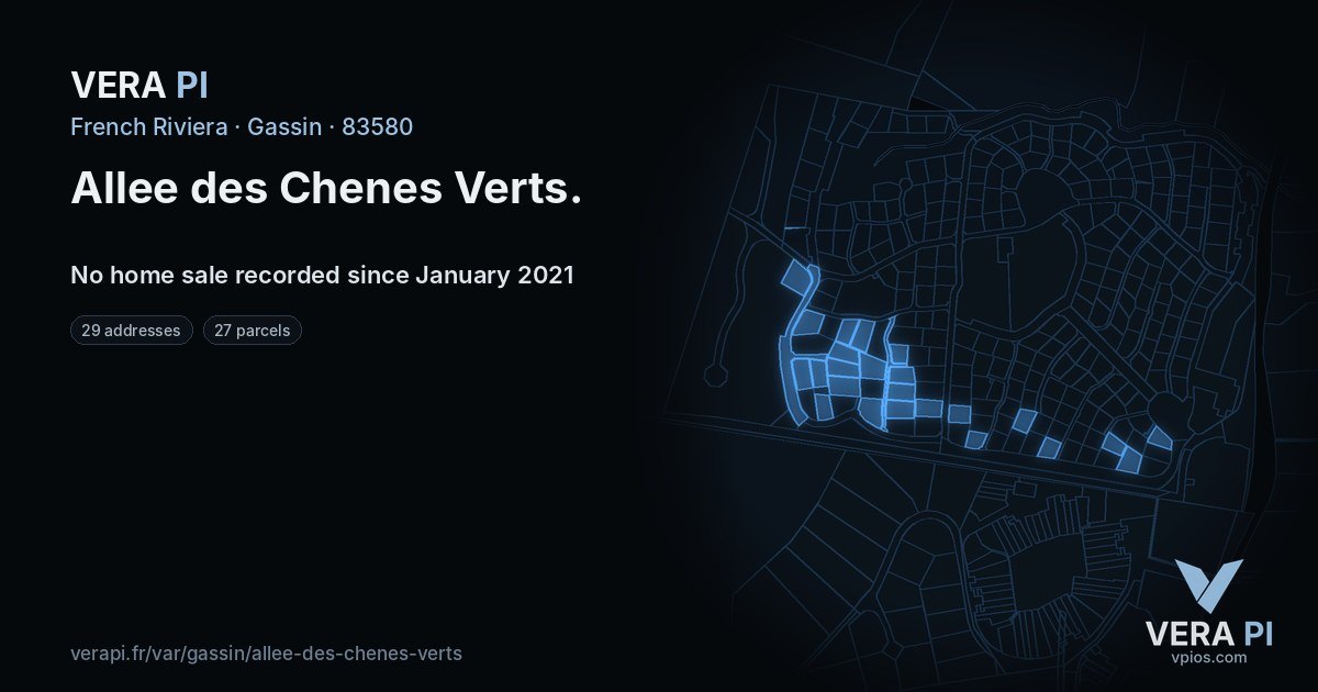 Allee des Chenes Verts, Gassin at night – every parcel coloured by the prices around it, the street's own parcels lit