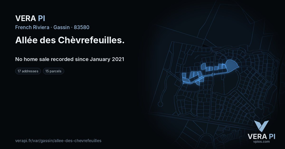 Allée des Chèvrefeuilles, Gassin at night – every parcel coloured by the prices around it, the street's own parcels lit