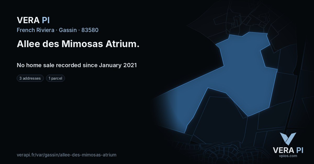 Allee des Mimosas Atrium, Gassin at night – every parcel coloured by the prices around it, the street's own parcels lit