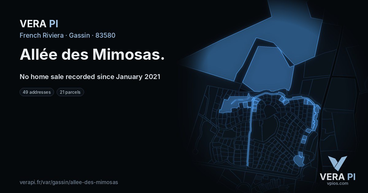 Allée des Mimosas, Gassin at night – every parcel coloured by the prices around it, the street's own parcels lit