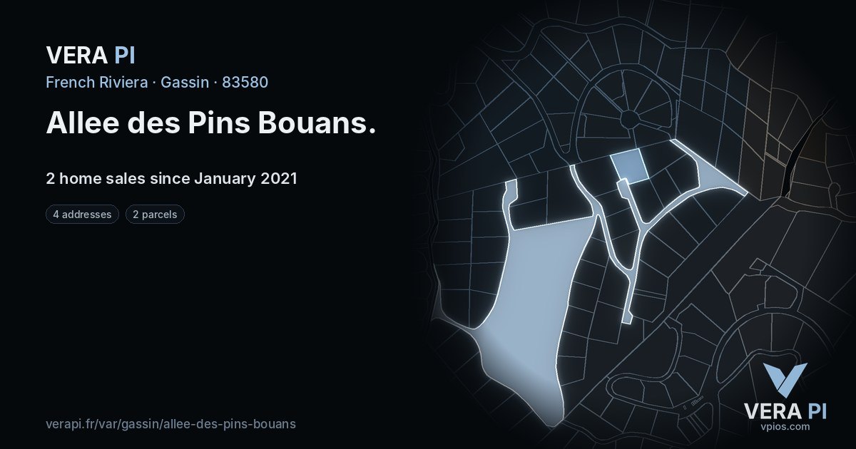 Allee des Pins Bouans, Gassin at night – every parcel coloured by the prices around it, the street's own parcels lit