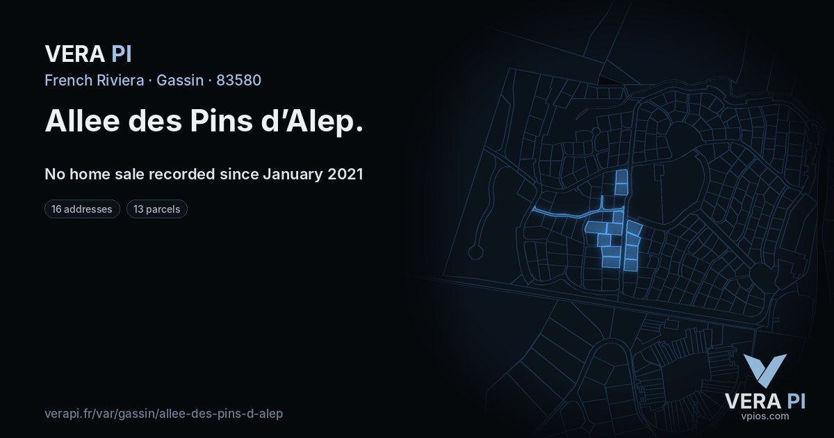 Allee des Pins d’Alep, Gassin at night – every parcel coloured by the prices around it, the street's own parcels lit