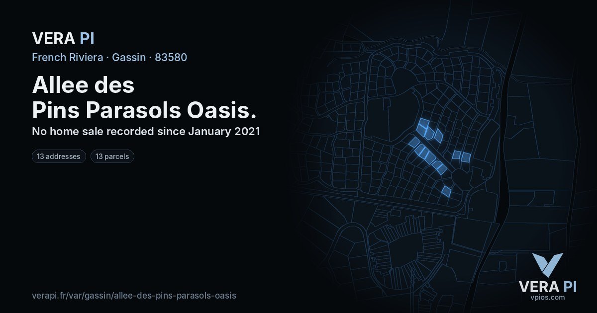 Allee des Pins Parasols Oasis, Gassin at night – every parcel coloured by the prices around it, the street's own parcels lit