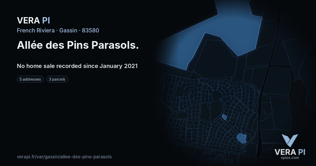 Allée des Pins Parasols, Gassin at night – every parcel coloured by the prices around it, the street's own parcels lit