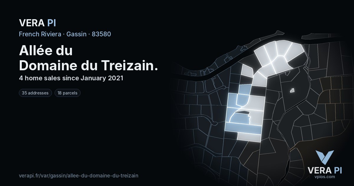 Allée du Domaine du Treizain, Gassin at night – every parcel coloured by the prices around it, the street's own parcels lit