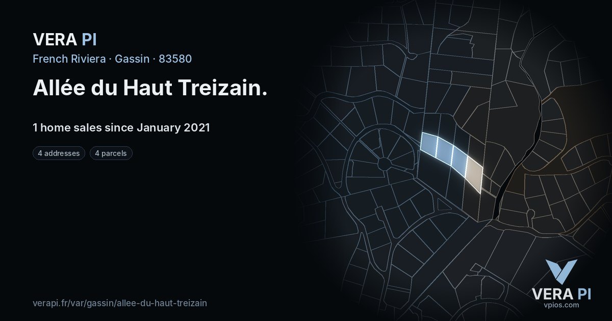 Allée du Haut Treizain, Gassin at night – every parcel coloured by the prices around it, the street's own parcels lit
