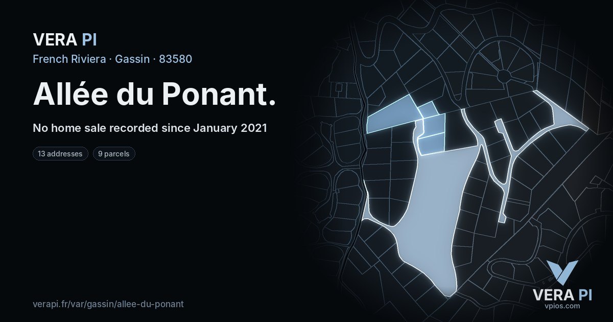 Allée du Ponant, Gassin at night – every parcel coloured by the prices around it, the street's own parcels lit