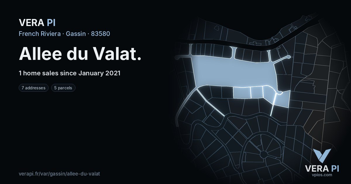Allee du Valat, Gassin at night – every parcel coloured by the prices around it, the street's own parcels lit