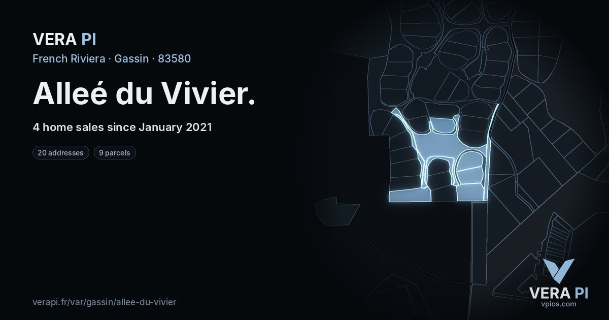 Alleé du Vivier, Gassin at night – every parcel coloured by the prices around it, the street's own parcels lit