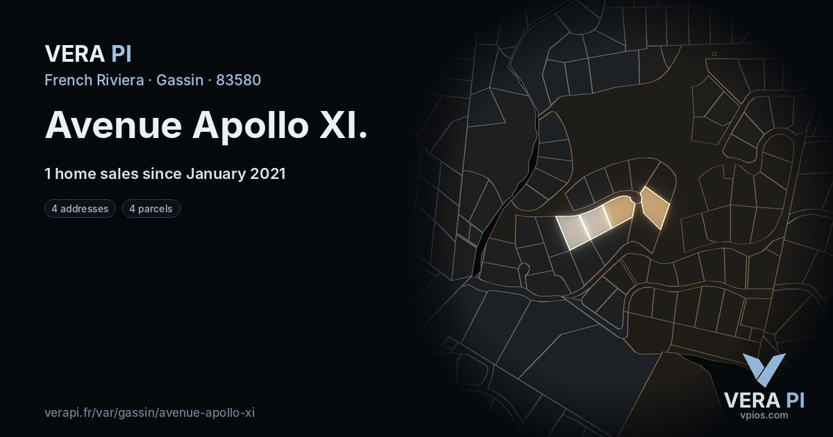 Avenue Apollo XI, Gassin at night – every parcel coloured by the prices around it, the street's own parcels lit