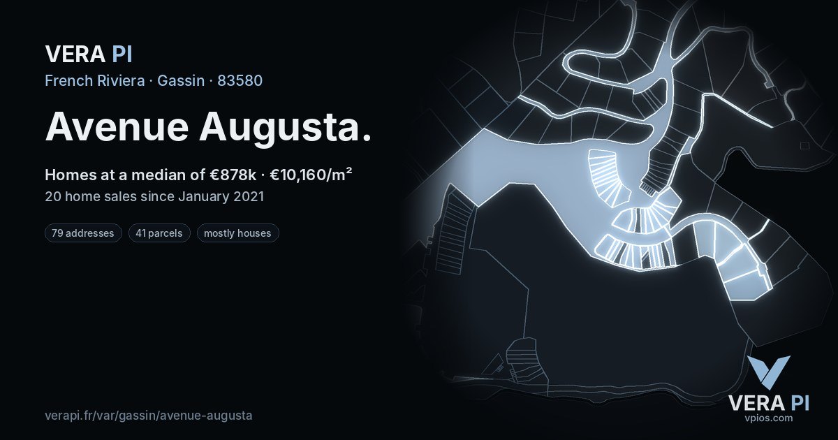 Avenue Augusta, Gassin at night – every parcel coloured by the prices around it, the street's own parcels lit