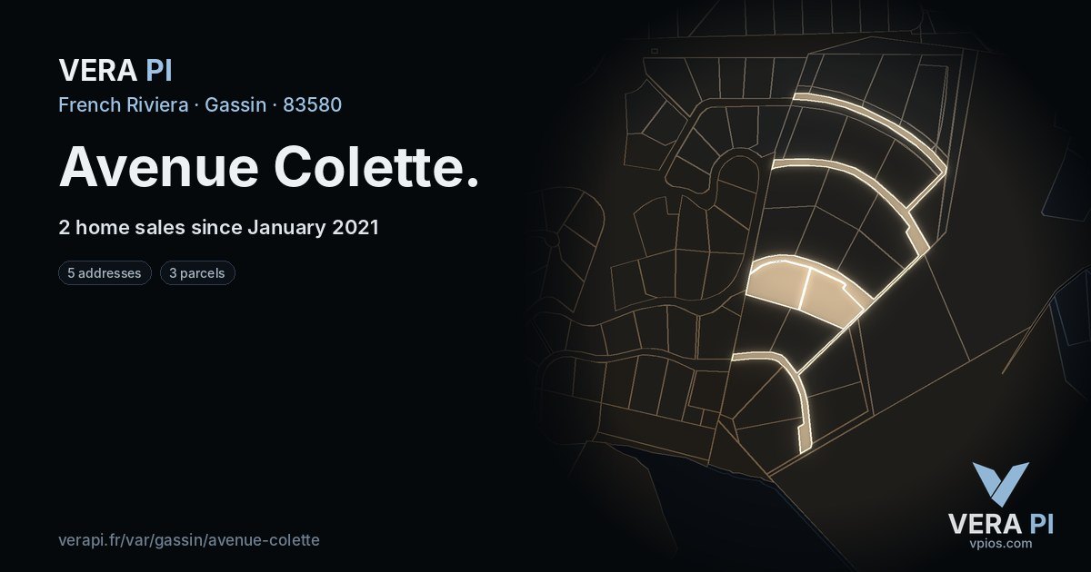 Avenue Colette, Gassin at night – every parcel coloured by the prices around it, the street's own parcels lit