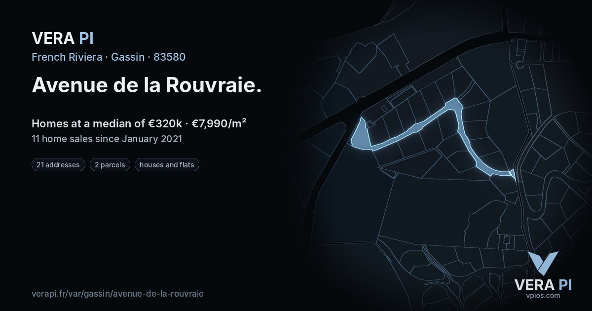 Avenue de la Rouvraie, Gassin at night – every parcel coloured by the prices around it, the street's own parcels lit