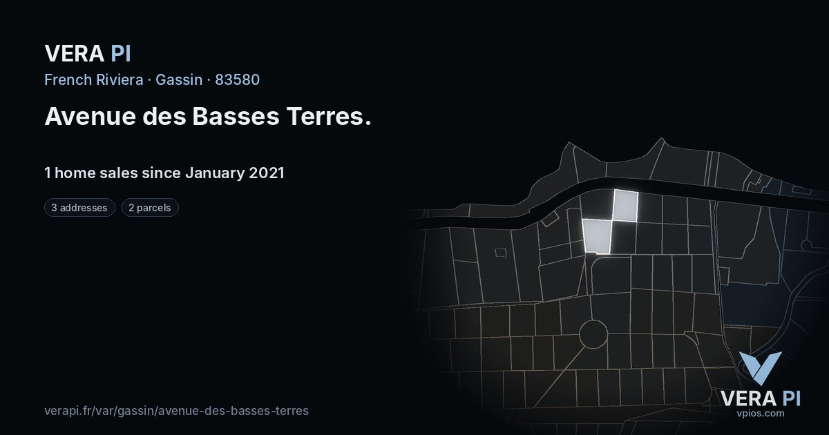 Avenue des Basses Terres, Gassin at night – every parcel coloured by the prices around it, the street's own parcels lit