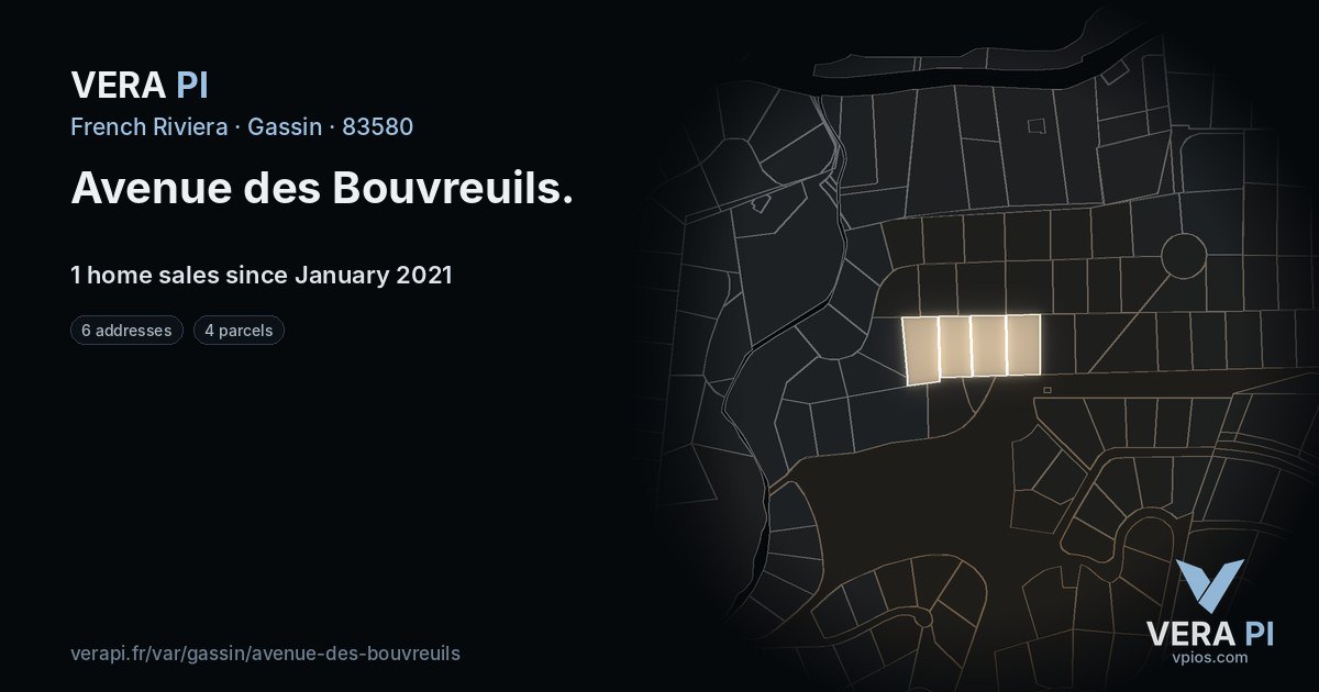 Avenue des Bouvreuils, Gassin at night – every parcel coloured by the prices around it, the street's own parcels lit