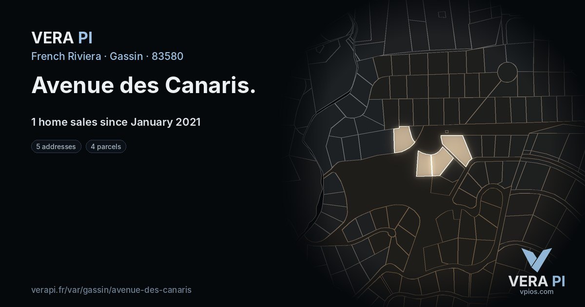 Avenue des Canaris, Gassin at night – every parcel coloured by the prices around it, the street's own parcels lit
