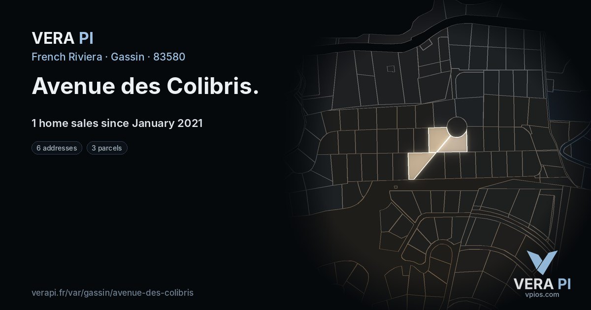 Avenue des Colibris, Gassin at night – every parcel coloured by the prices around it, the street's own parcels lit