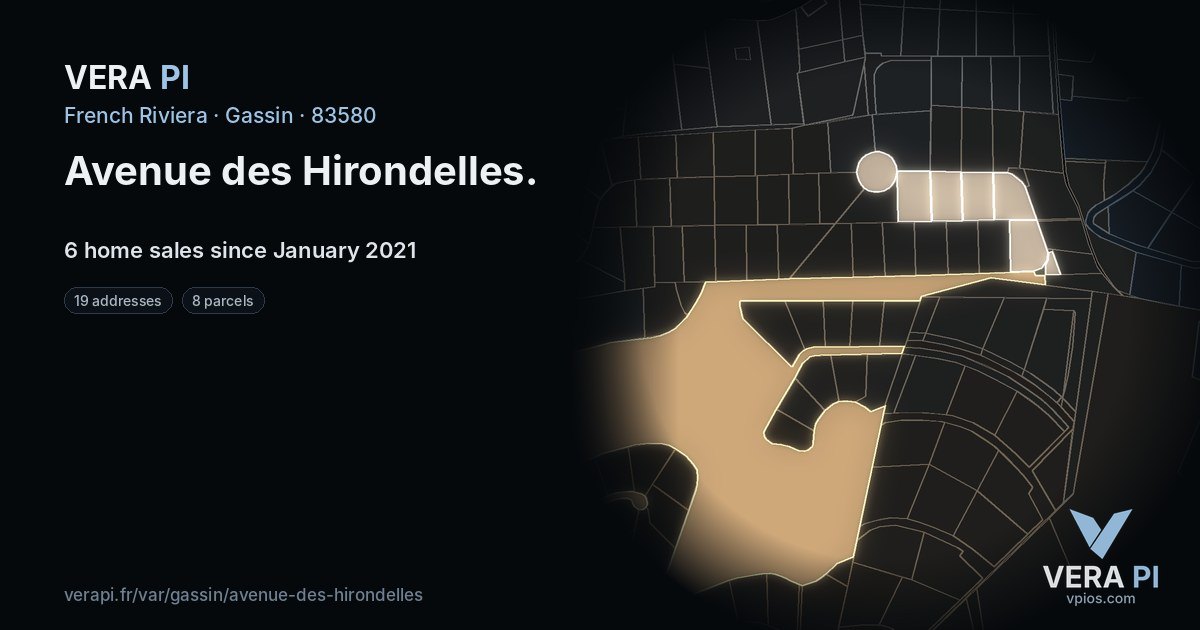 Avenue des Hirondelles, Gassin at night – every parcel coloured by the prices around it, the street's own parcels lit