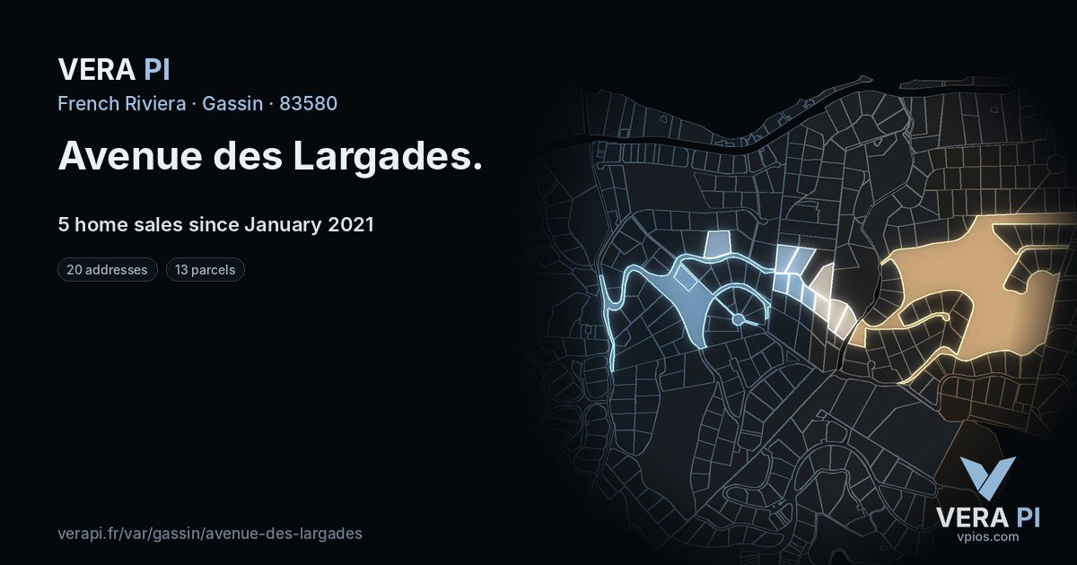 Avenue des Largades, Gassin at night – every parcel coloured by the prices around it, the street's own parcels lit