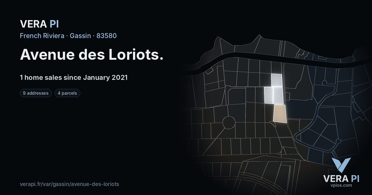 Avenue des Loriots, Gassin at night – every parcel coloured by the prices around it, the street's own parcels lit