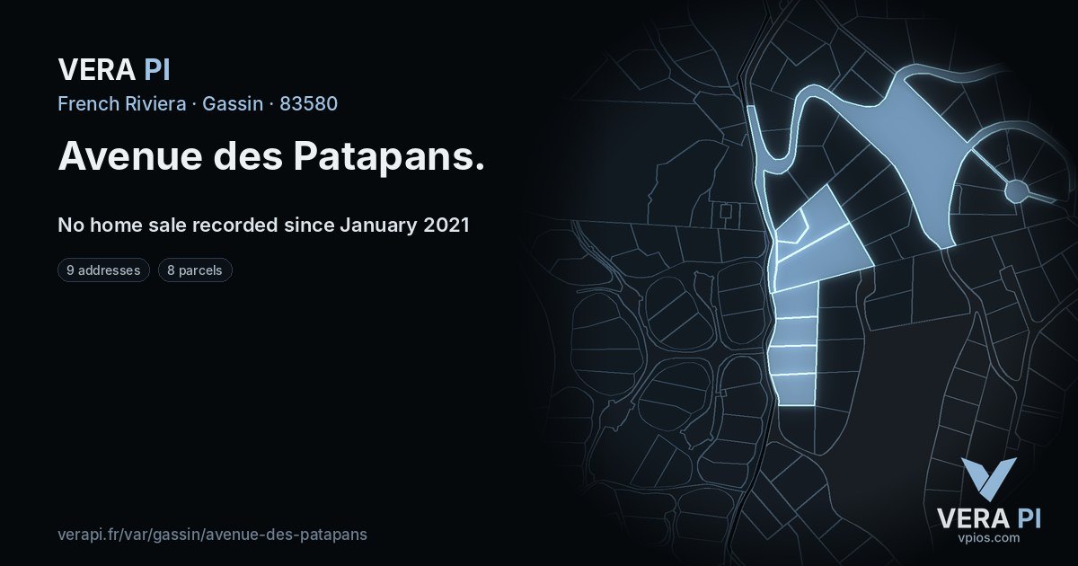 Avenue des Patapans, Gassin at night – every parcel coloured by the prices around it, the street's own parcels lit
