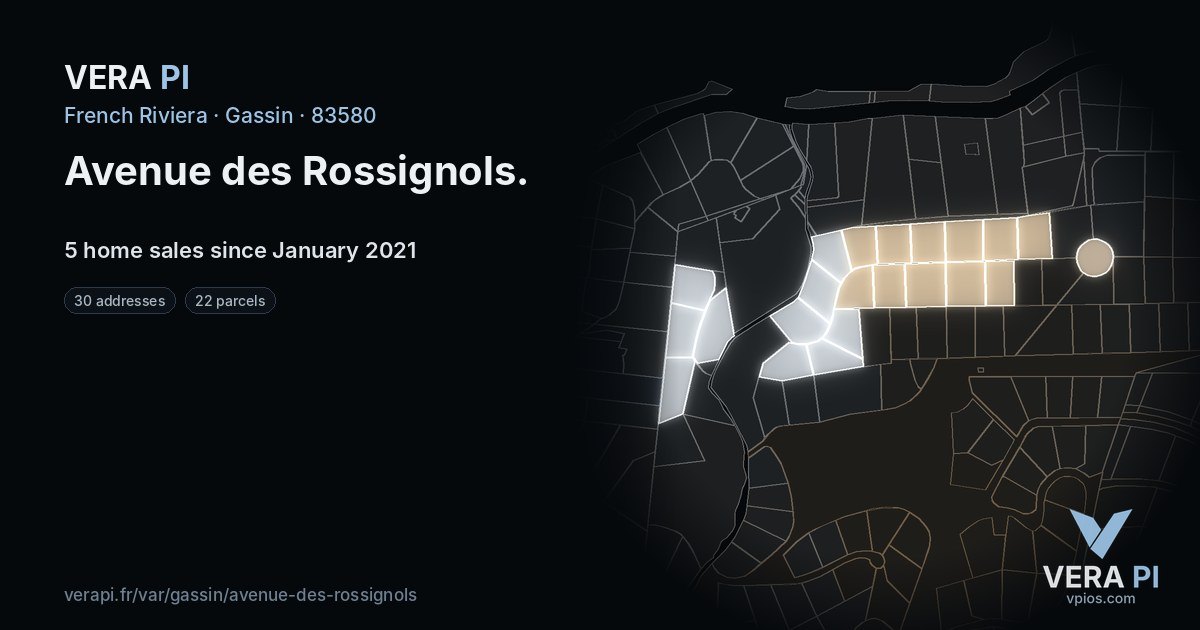 Avenue des Rossignols, Gassin at night – every parcel coloured by the prices around it, the street's own parcels lit
