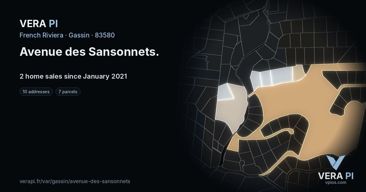 Avenue des Sansonnets, Gassin at night – every parcel coloured by the prices around it, the street's own parcels lit