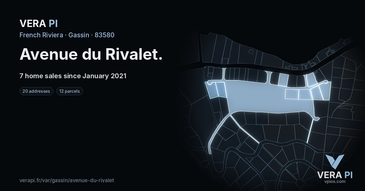 Avenue du Rivalet, Gassin at night – every parcel coloured by the prices around it, the street's own parcels lit
