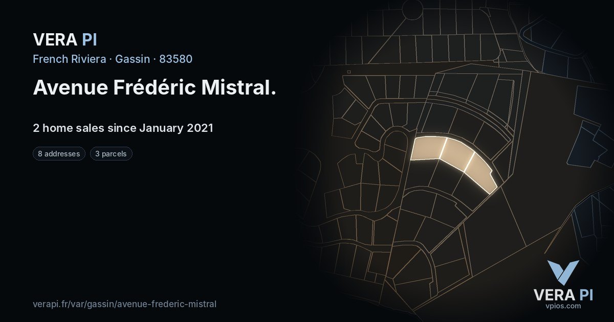 Avenue Frédéric Mistral, Gassin at night – every parcel coloured by the prices around it, the street's own parcels lit