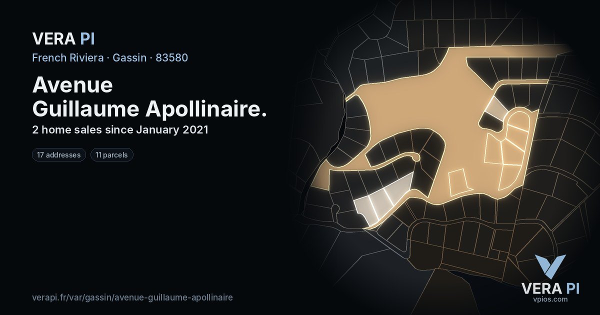 Avenue Guillaume Apollinaire, Gassin at night – every parcel coloured by the prices around it, the street's own parcels lit