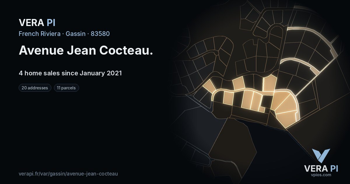 Avenue Jean Cocteau, Gassin at night – every parcel coloured by the prices around it, the street's own parcels lit