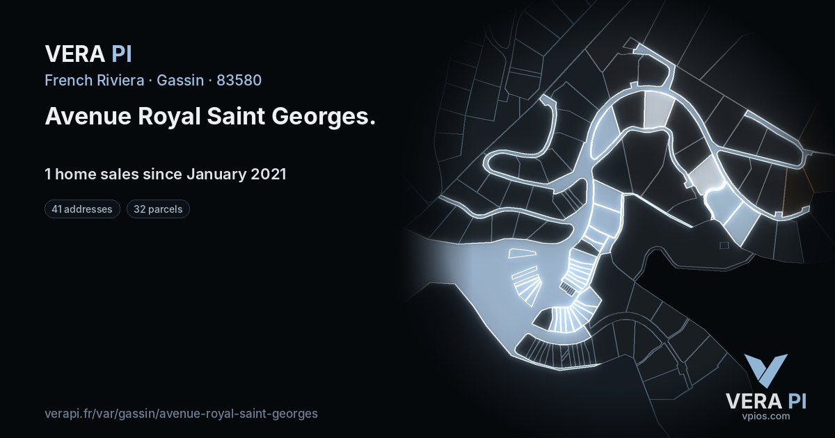Avenue Royal Saint Georges, Gassin at night – every parcel coloured by the prices around it, the street's own parcels lit