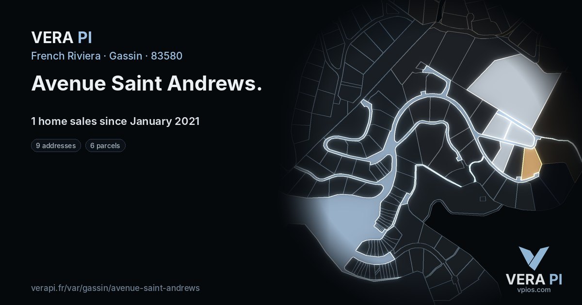 Avenue Saint Andrews, Gassin at night – every parcel coloured by the prices around it, the street's own parcels lit