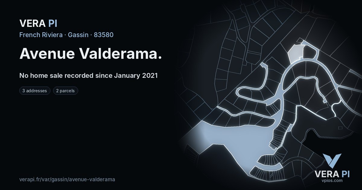 Avenue Valderama, Gassin at night – every parcel coloured by the prices around it, the street's own parcels lit