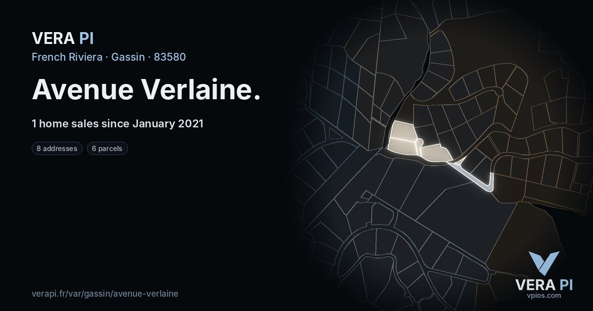 Avenue Verlaine, Gassin at night – every parcel coloured by the prices around it, the street's own parcels lit
