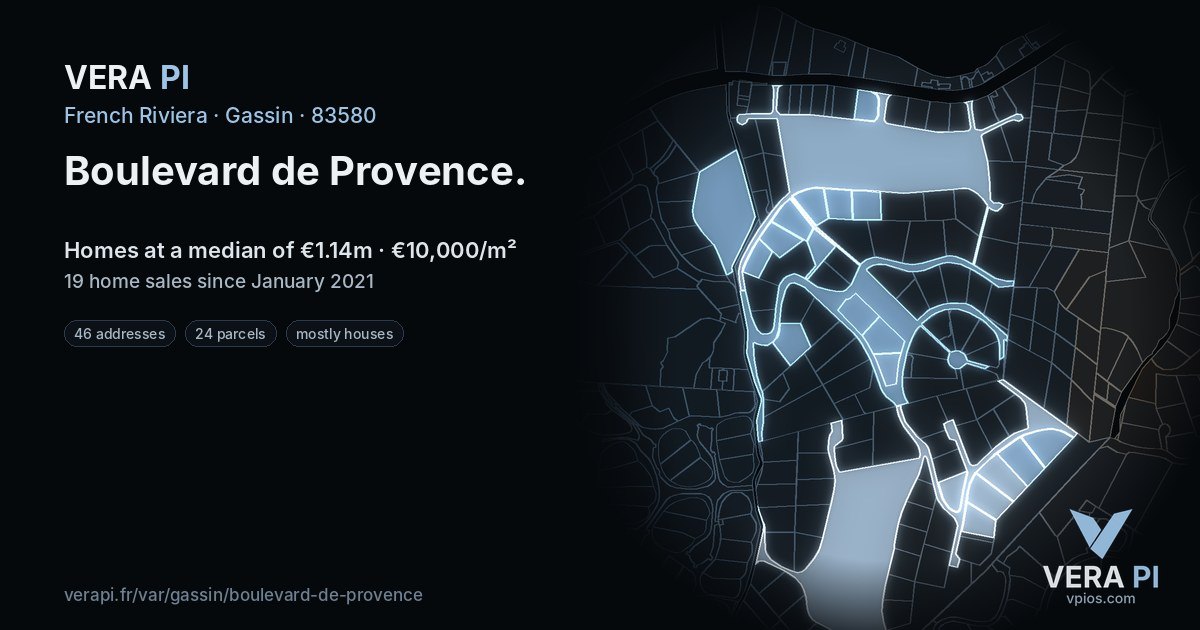 Boulevard de Provence, Gassin at night – every parcel coloured by the prices around it, the street's own parcels lit
