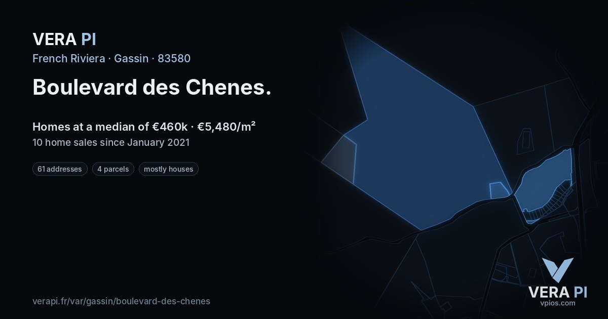 Boulevard des Chenes, Gassin at night – every parcel coloured by the prices around it, the street's own parcels lit