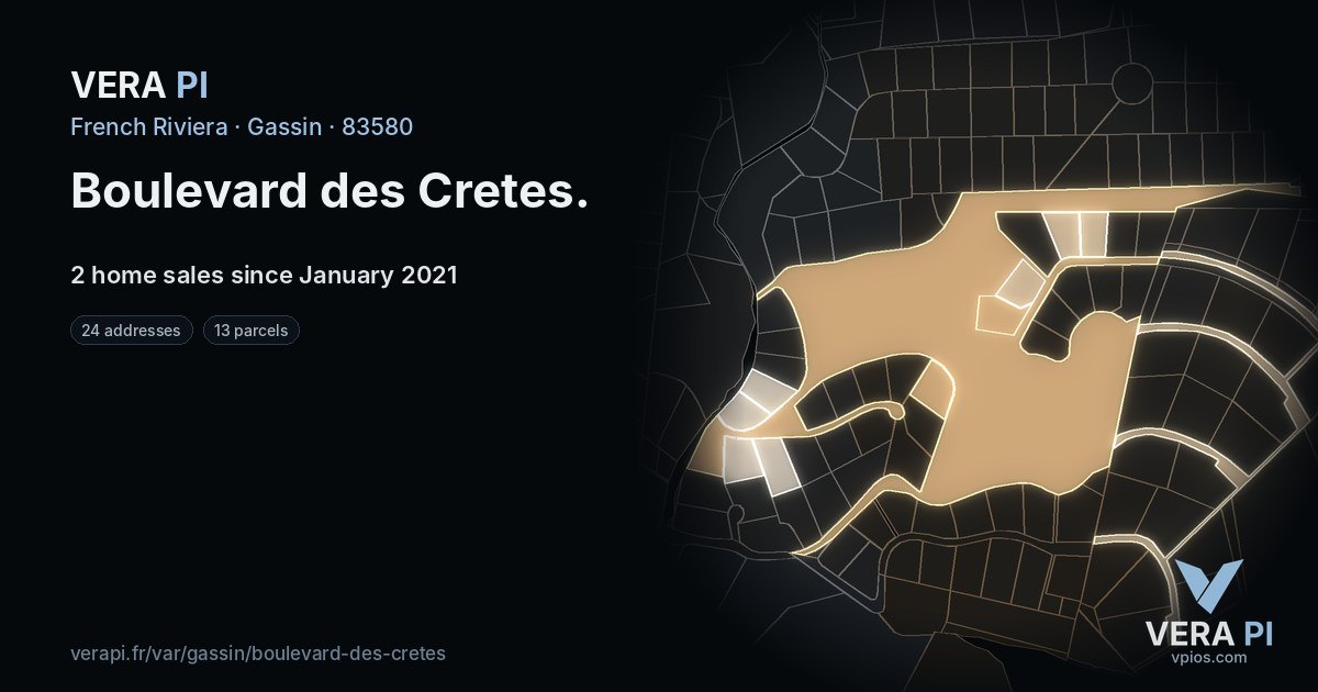 Boulevard des Cretes, Gassin at night – every parcel coloured by the prices around it, the street's own parcels lit