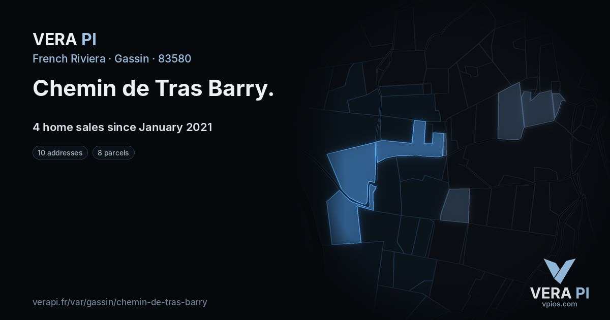 Chemin de Tras Barry, Gassin at night – every parcel coloured by the prices around it, the street's own parcels lit