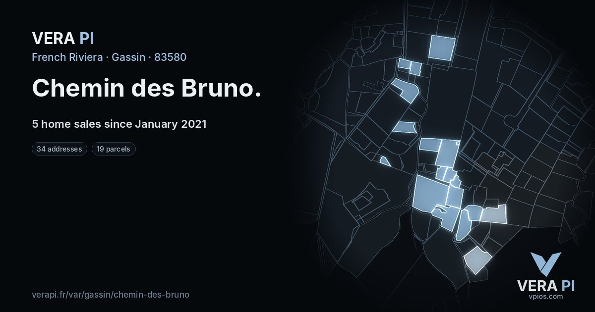 Chemin des Bruno, Gassin at night – every parcel coloured by the prices around it, the street's own parcels lit